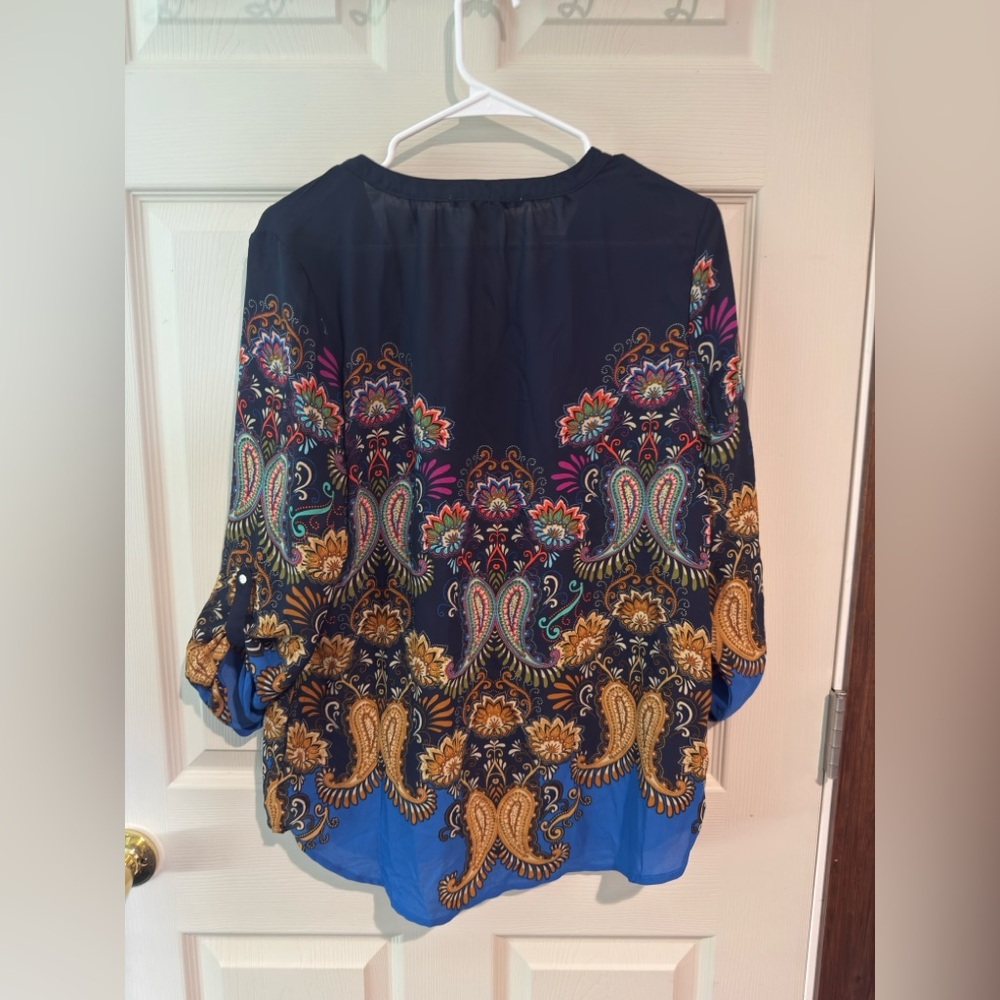 Valerie Stevens Blue Blouse with Graphic 3/4 Sleeves